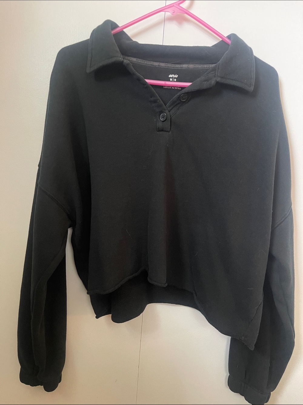 aerie Black Cropped Polo-Style Pullover Sweatshirt